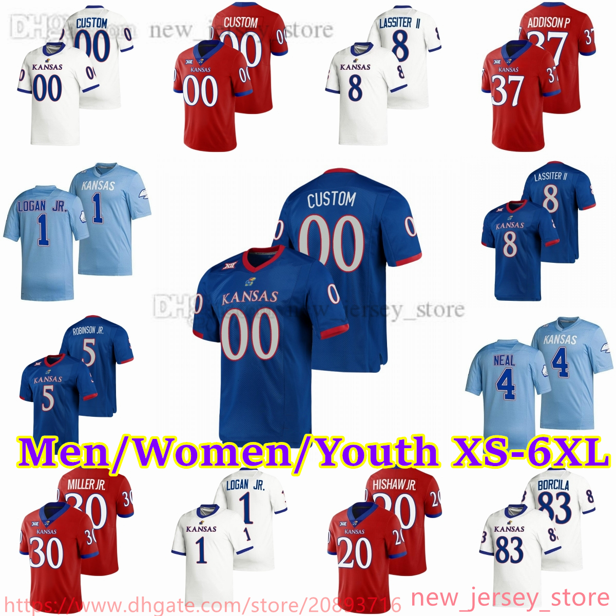 

Custom XS- NCAA Kansas Jayhawks Football Stitched Jerseys 37 Grayden Addison P 20 Daniel Hishaw Jr. 8 Kwamie Lassiter II 30 Rich Miller Jr. 93 Sam Burt Super Jersey, Add 150th patch