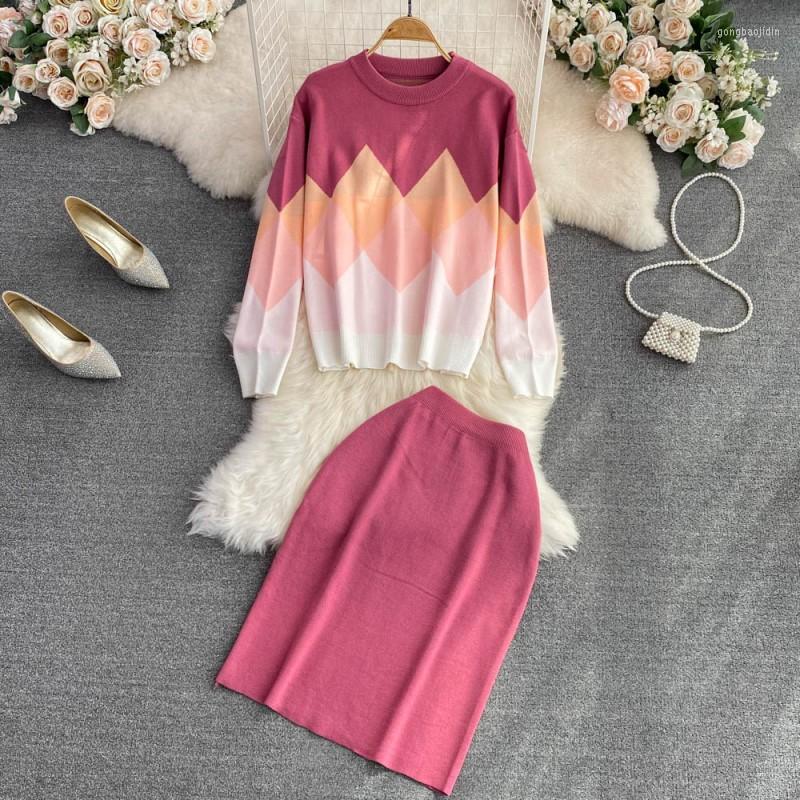 

Work Dresses Fashion Korean Knitted Suits Elegant Plaid Top Coat High Waist Mini Skirts Women's Clothing Sweater Two Pieces Set, Pink