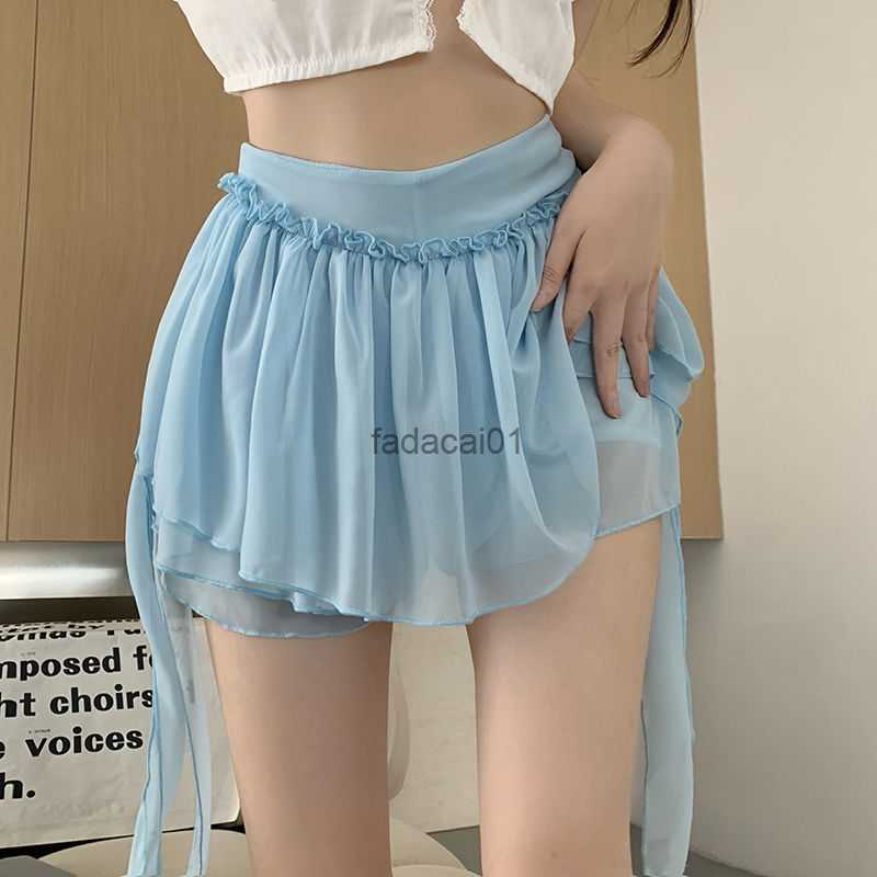 

HOUZHOU Ruffle Mini Skirt Women Chiffon Patchwork Ribbon Blue High Waist Fairycore Tulle Skirt Shorts Cute Sexy Skort Summer L230621, White