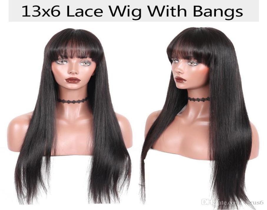 

134 Pre Plucked Remy hair With Bang 150 Density Lace Front Human Hair Wigs For Women Black Brazilian Silk Straight Ever7188192, Natural color