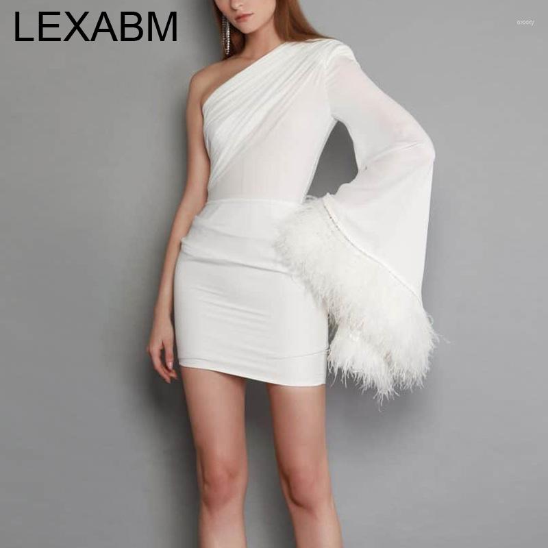 

Casual Dresses Elegant Feather Flare Sleeve Party Dress Women Sexy Skew Collar One Shoulder Bodycon Mini Vestidos Evening 2023 Spring, White