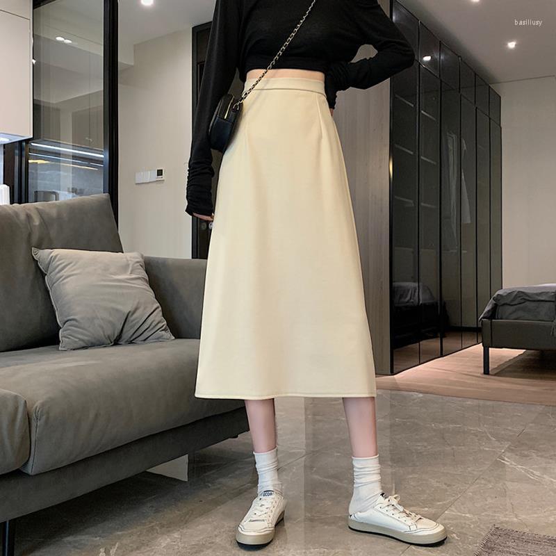 

Skirts S-4XL Women Autumn Midi Highstreet A-line High Waist Midi-Calf Female OL Elegant Long Split 2023, Black