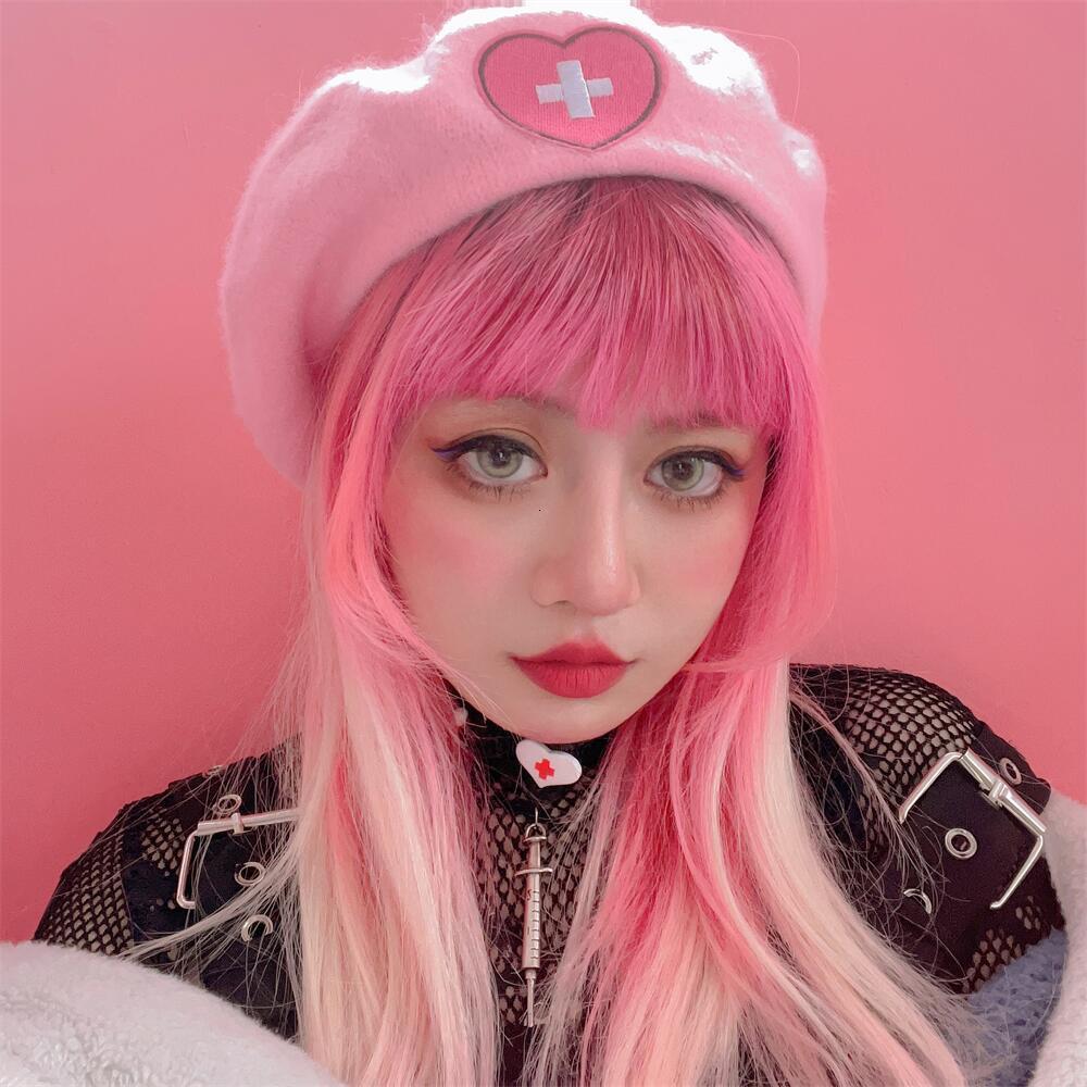

Berets Pink Girl Beret Japanese Cute Harajuku Y2K Sweet Heart Love Cross Embroidery Women Hat 230629