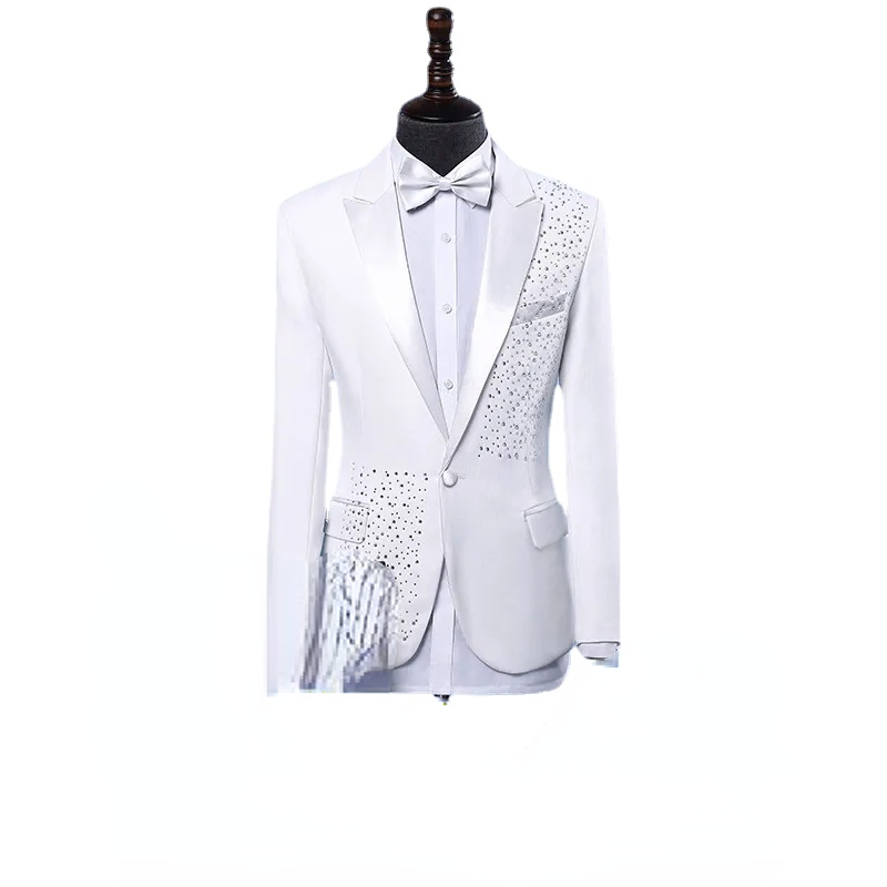

New Design Rhinestone Wedding Tuxedos Mens Slim Fit One Button Pants Suits Groom Wear 2 piece Formal Blazer In Stock, White