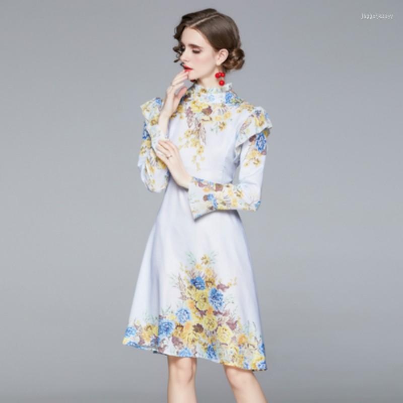 

Casual Dresses DALMAZZO Vintage Print Women Stand Neck Ruffles Long Sleeve Knee Length Dress Spring Lady Runway Big Size Zippers Vestidos, Picture color