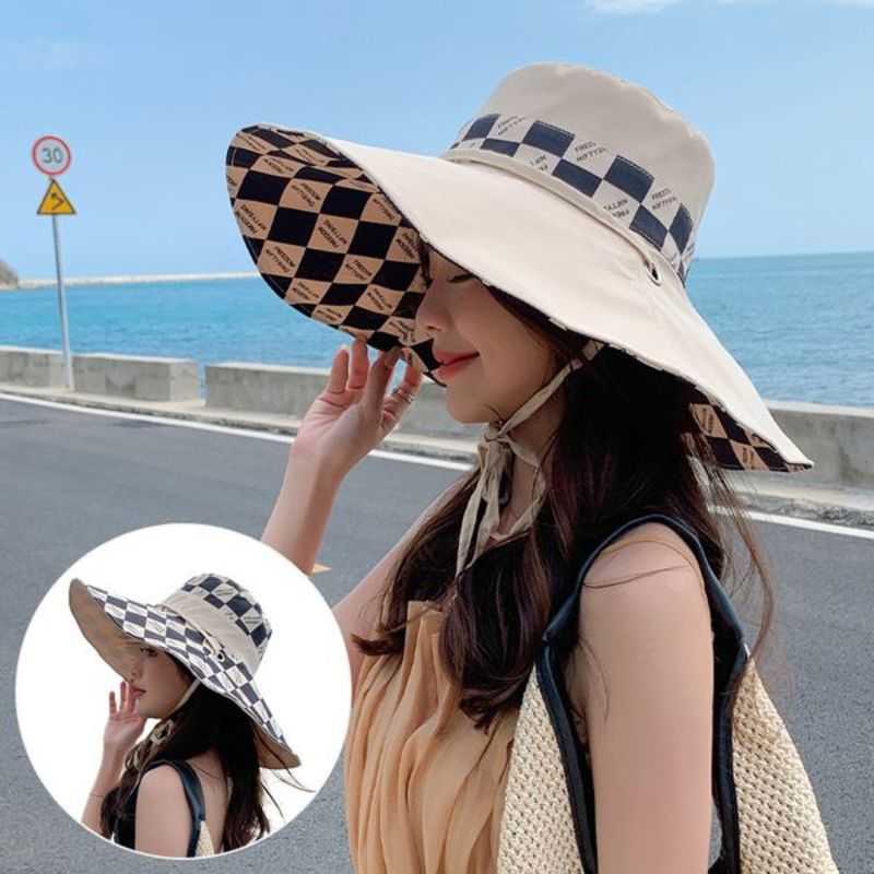 

Ladies Bucket Hat Double Sided Wear Fashion Checked Summer Beach Neck Protection Sun Visor Packable Wide Brimmed Foldable Reversal Vietnam Y2zj, Pink