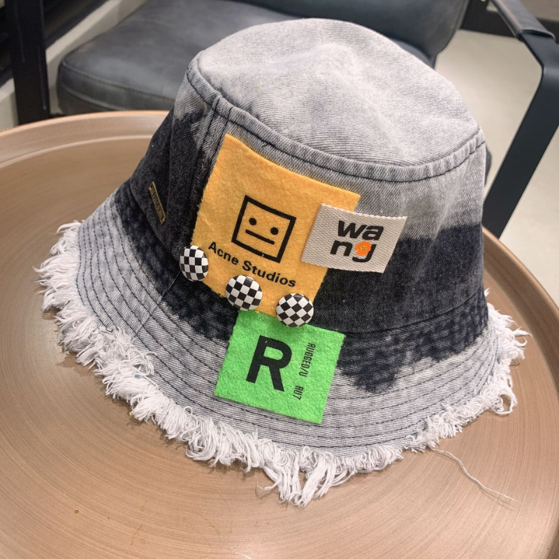 Patch Bucket Hats Sunshade Sun-proof Face Small Two-tone Denim Ruffled Edge Couples Wide Brim Hat-image-880511095