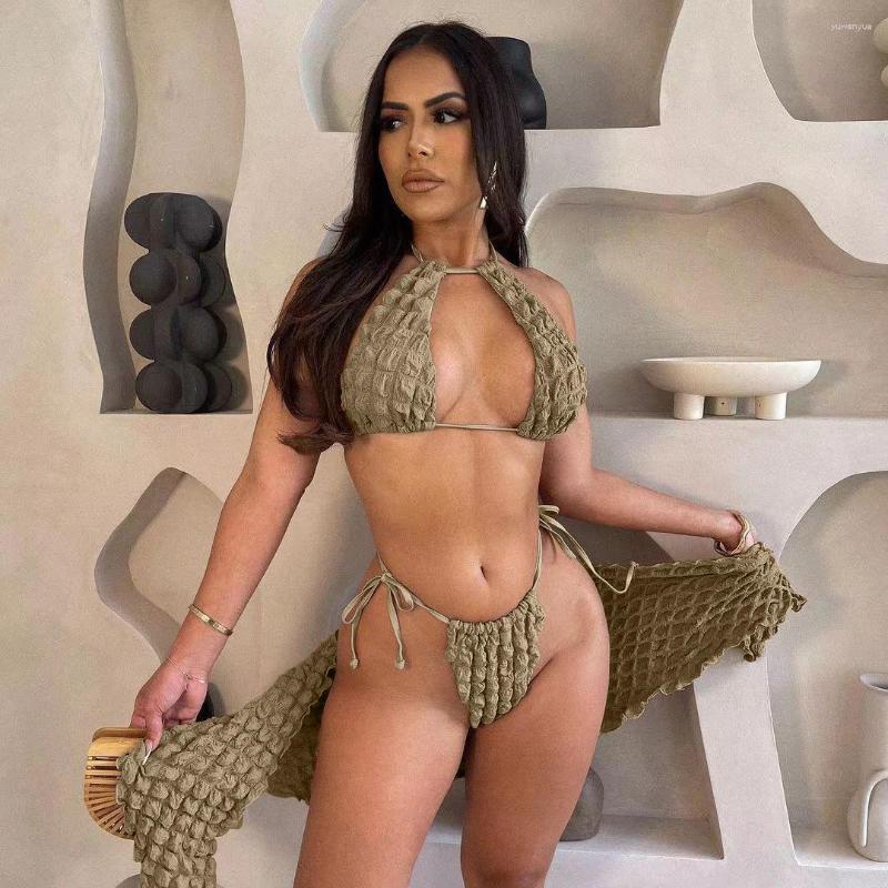 

Women's Tracksuits GPBD 2023 Sleeveless Short Top Elastic Pants Skirt Bikini 3 Piece Sets Sexy Holiday Beach Style Women Suit, Khaki