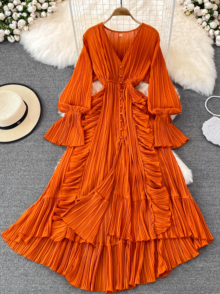 

Basic Casual Dresses FMFSSOM Holiday Style Ankle Length Long Women Spring V Neck Puff Sleeve Lace Elegant Evening Party Summer Dress 230628, Orange