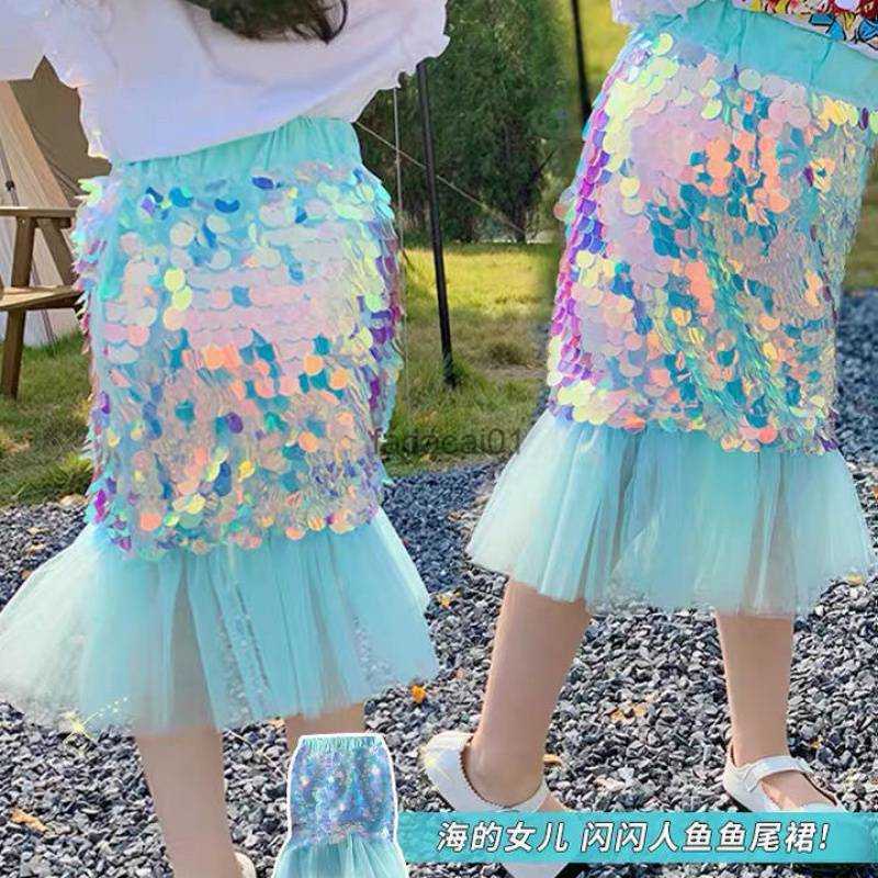 

Summer New Girls Skirts Childrens Half Dress Mini Skirt Daughter Of The Sea Blue Mermaid Princess Dress Special Sequins Dress L230621, T-shirt 2