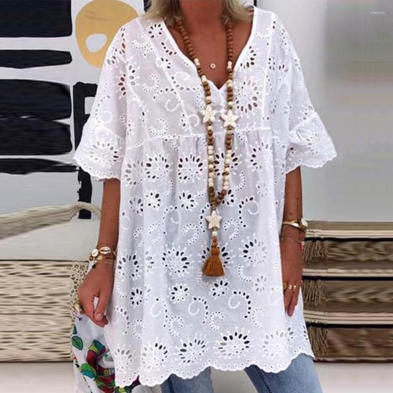 

Casual Dresses Women Mini Dress Summer V-Neck Hollow Out Ladies Embroidery Pattern Short Sleeves Ruffle Loose Cover-up, White