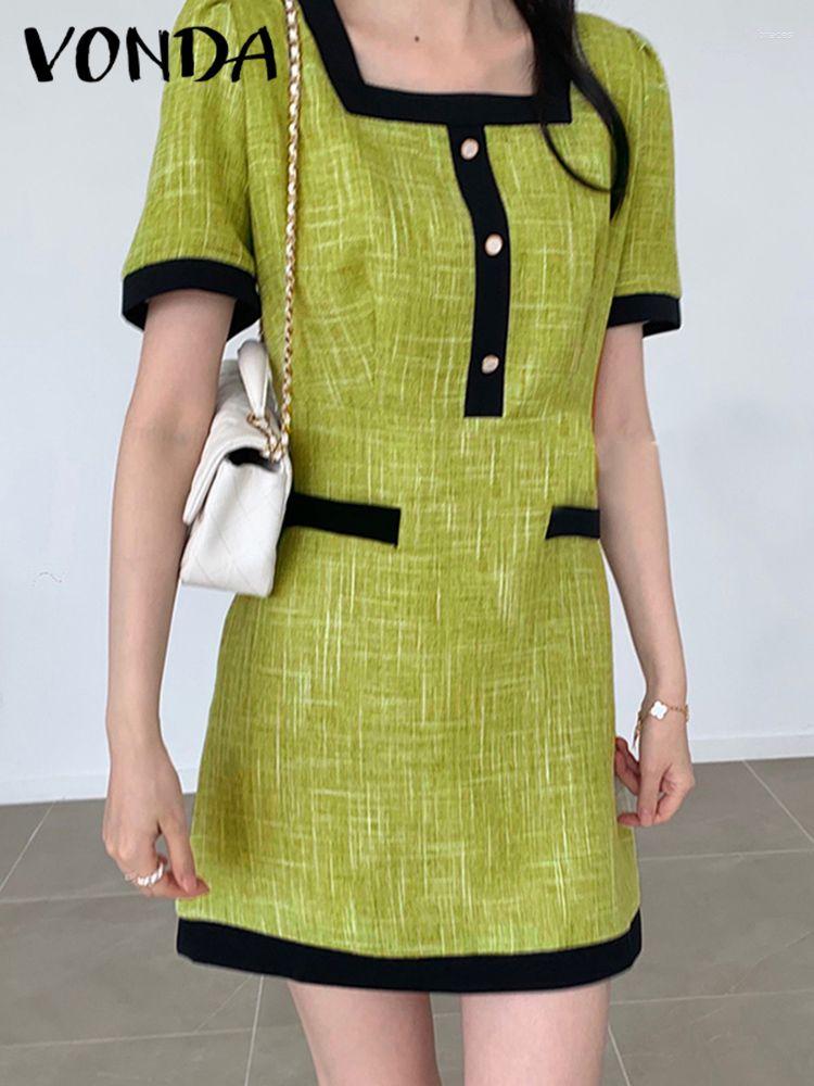 

Casual Dresses VONDA Elegant Street A-Line Dress Women 2023 Summer Square Neck Mini Sundress Female Short Sleeve Button Vestido Oversized, Light green