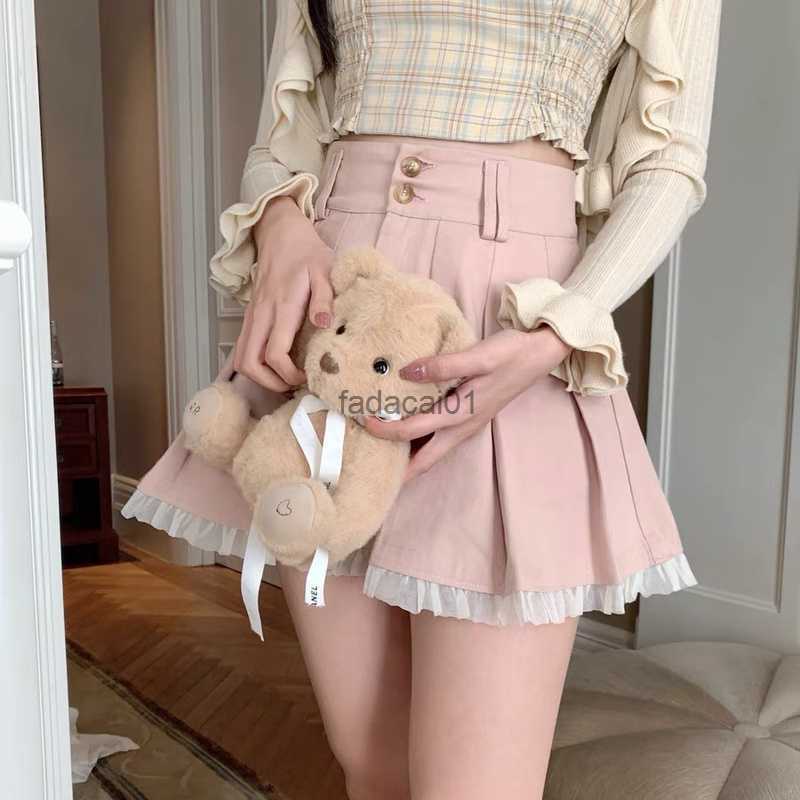 

HOUZHOU Kawaii Pink Pleated Skirt Women Japanese Cute Lace Patchwork High Waist Lolita Aline Mini Skirt Soft Girl Korean Summer L230621