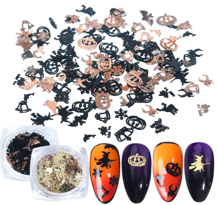 

120Pcs Halloween Nail Art Stickers Patch Gold Black Metal Pumpkin Witch Spider Bat Ornaments DIY Decor Manicure Sequins Glitter4013854
