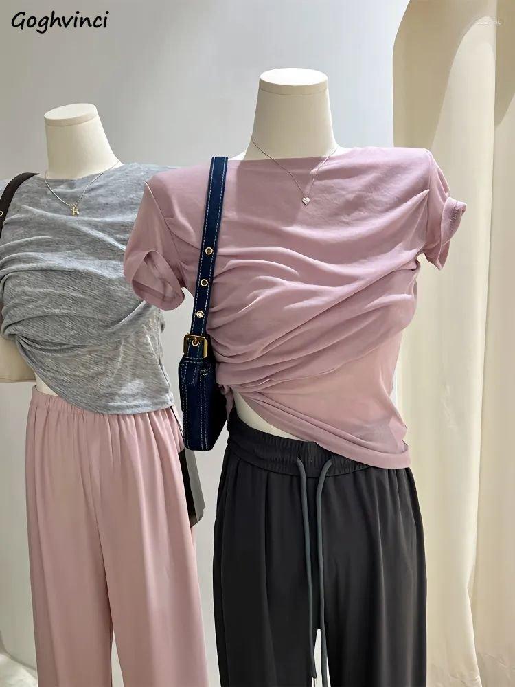 

Women' T Shirts T-shirts Women Soft Folds Design Short-sleeve Summer Streetwear Gentle Basic Crop Tops Korean Girls Sweet Y2k Fashion, Pink