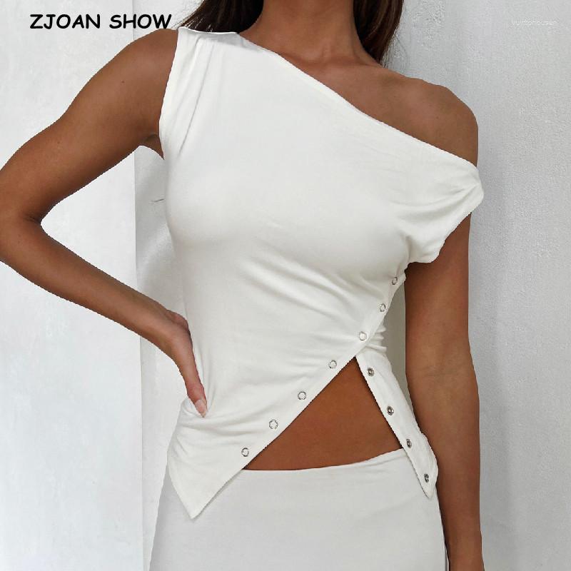 

Women' Tanks 2023 Summer Oblique Shoulder Crop Tops Women Side Open Metal Button Slit Tank Y2K Cool Girl Sexy Slim Camis Sleeveless Tees, Black