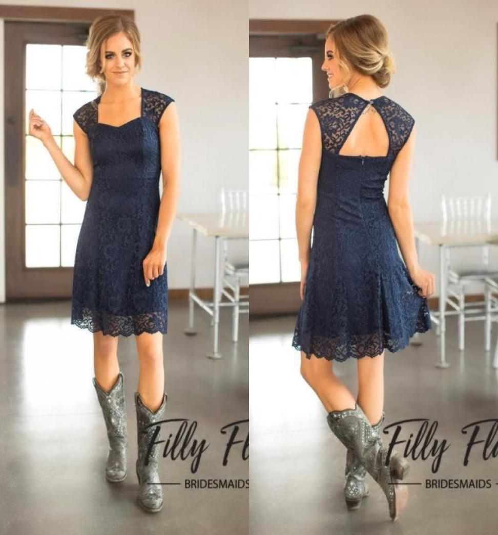 

2019 Short Navy Blue Lace Bridesmaid Dresses Capped Sleeves Knee Length Maid of Honor Gowns Cheap Country Bridesmaid Dress BM01793622155