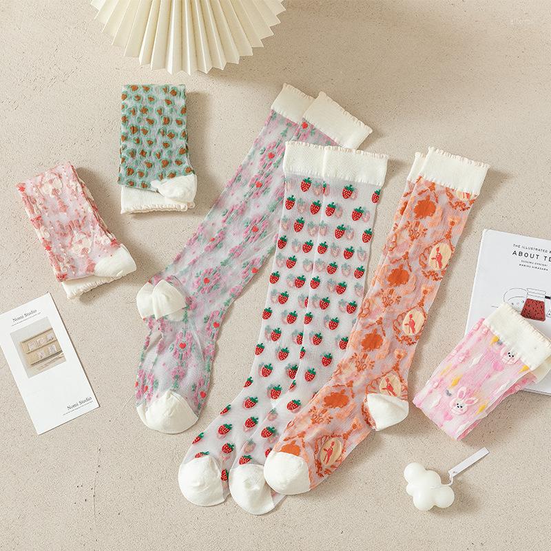 

Women Socks Summer Strawberry Fishnet Stockings Knee Thin For Ultra-thin Transparent Crystal Silk Long Sock Sweet Girl, 03