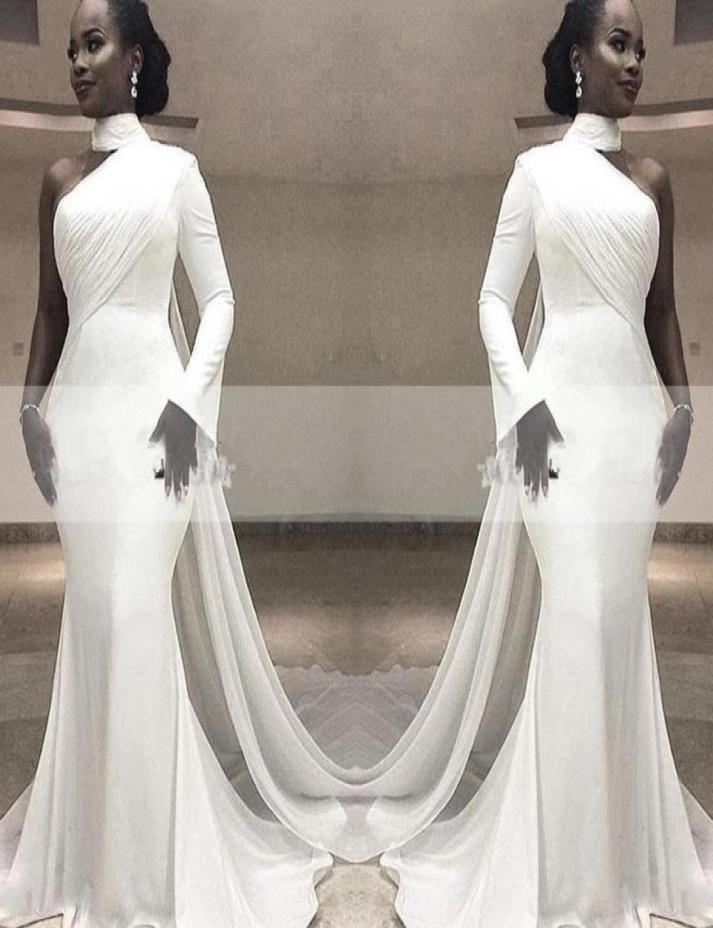 

African White High Neck Satin Mermaid Evening Dresses One Shoulder Ruched Sweep Train With Wrap Formal Party Red Carpet Prom Gowns1539087, Hunter