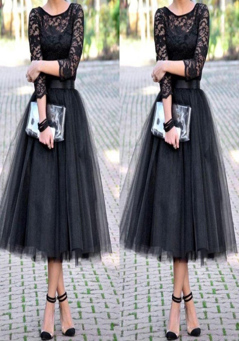 

evening dresses bridesmaid dresses 34 Long Sleeves Tulle Skirt Bridal Shower Tea Length cheap Party Prom Gown2068206, Gray