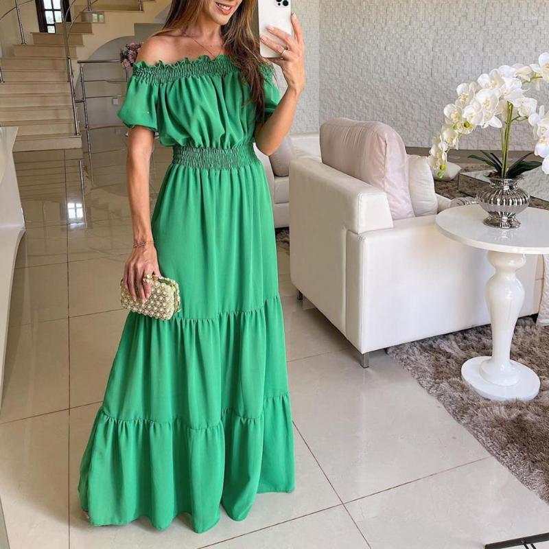 

Casual Dresses Puff Short Sleeves Elastic Waist Beach Dress Stitching Large Hem A-Line High-Waist Summer Off Shoulder Solid Color Maxi Boho, Black