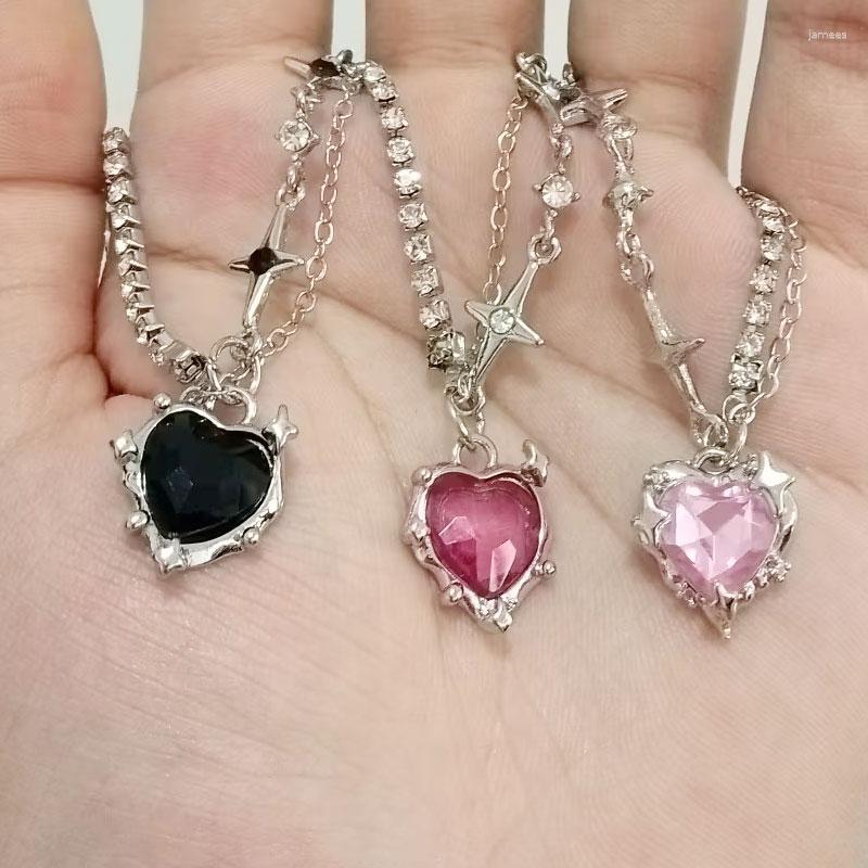 

Pendant Necklaces Y2K Pink Crystal Heart Necklace Women Sweet Cool Girl Punk Clavicle Chain Fashion Aesthetic Jewelry Gifts 2023