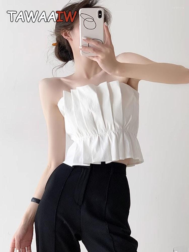 

Women's Tanks Tawaaiw Folds Design Strapless Tank Top Crop Women Chic Korean Fashion Slim Cropped Feminino Sleeveless Sexy Femme Y2k, White