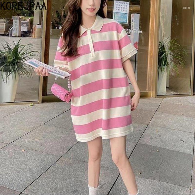 

Casual Dresses Korejpaa Sweet Pink Striped Women Turn-down Collar Mini Dress Korean Fashion Simple Short Sleeve Loose Waist Vestidos