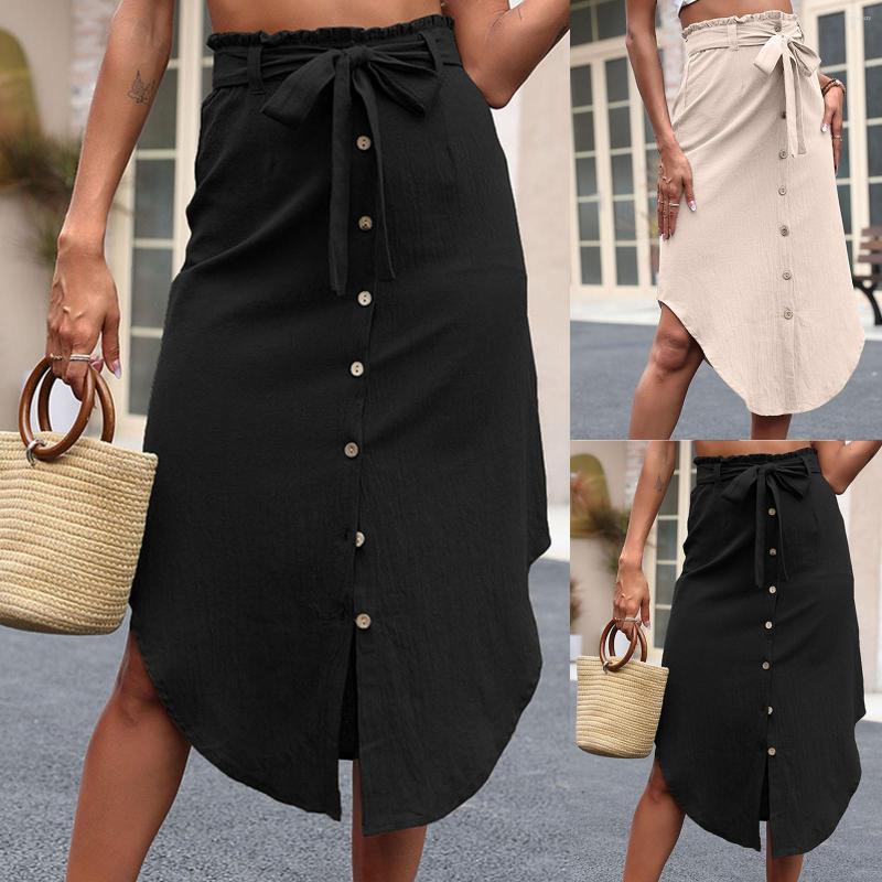 

Skirts Bow Belt Cotton Women 2023 Summer Spring White Skirt Korean Faashion Midi Elegant High Waist Long Falda, Black