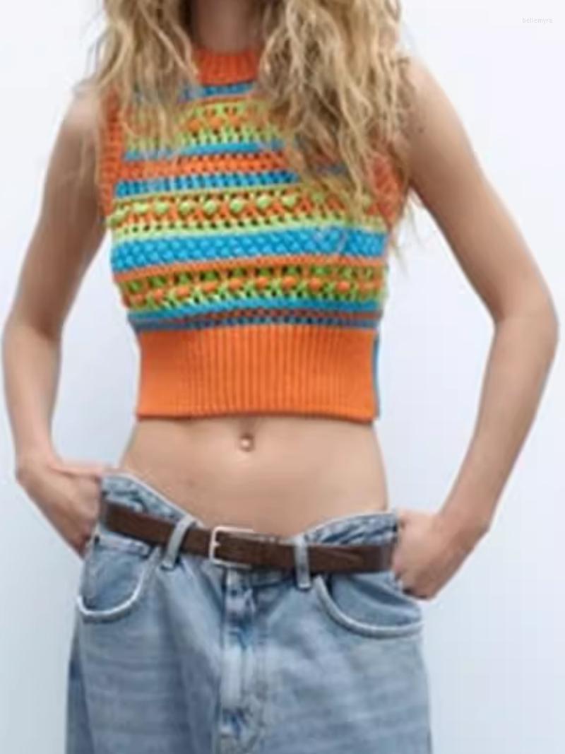 

Women' Tanks Color Contrast Short Knitted Tank Tops Summer Women Round Neck Sleeveless Hollow Out Fashion Vest Female Slim Chic Cropped, Orange