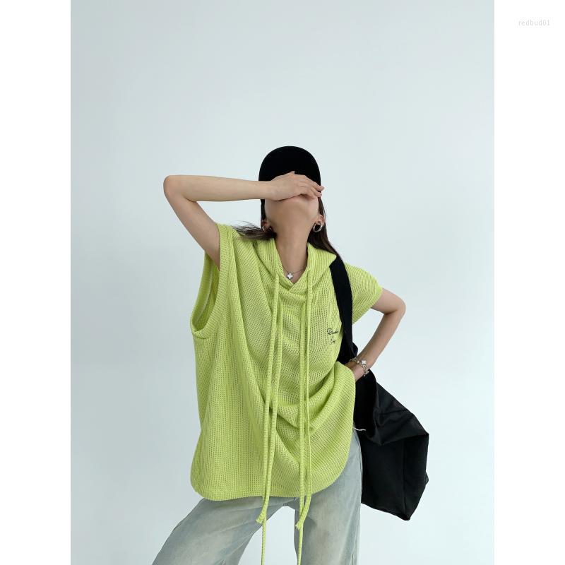 

Women's T Shirts American Streetwear Women Top Hooded Embroidered Vest Sleeveless Loose Casual Neon Yellow Knit Summer Fashion T-shirt, Black