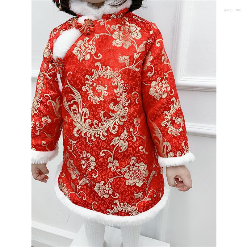 

Ethnic Clothing Chinese Cheongsam For Girls Traditional Dress Winter Thick Red Year Qipao Dresses Warm Floral Oriental