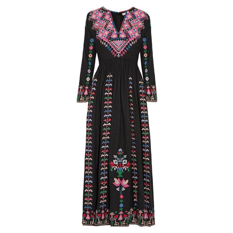 

Dresses Summer New Bohemian Tourist Holiday Beach Dress Heavy Industry Embroidery Ethnic Wind Vneck Dress, Blue
