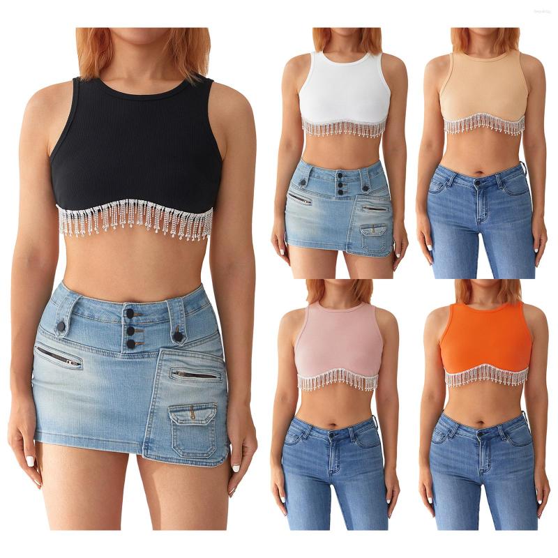

Women's Tanks Women's Tank Tops Ribbed Sleeveless Round Neck Rhinestone Tassel Hem Design Summer Streetwear Crop Slim Vest, Black
