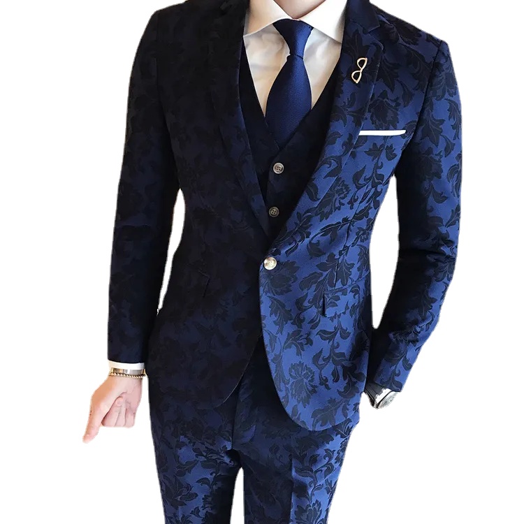 

Navy Floral Pattern Groom Wedding Tuxedos Shawl Lapel Groomsmen Mens Suits Excellent Man Jacket Blazer 2 Piece(Jacket+Pants), Same as image