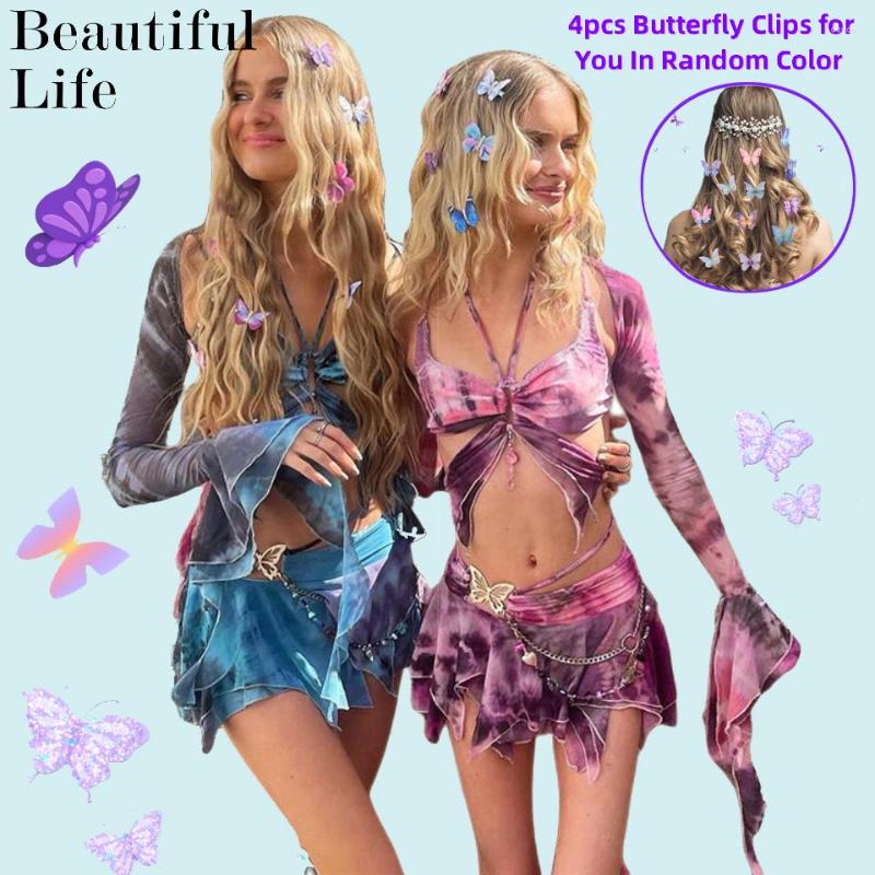 

Casual Dresses Summer Women Dress Mesh Butterfly 3 Piece Sets Bandage Camis Irregular Skirt Tie Dye Mini Flares Sleeve Tops Party Outfits, Tops only