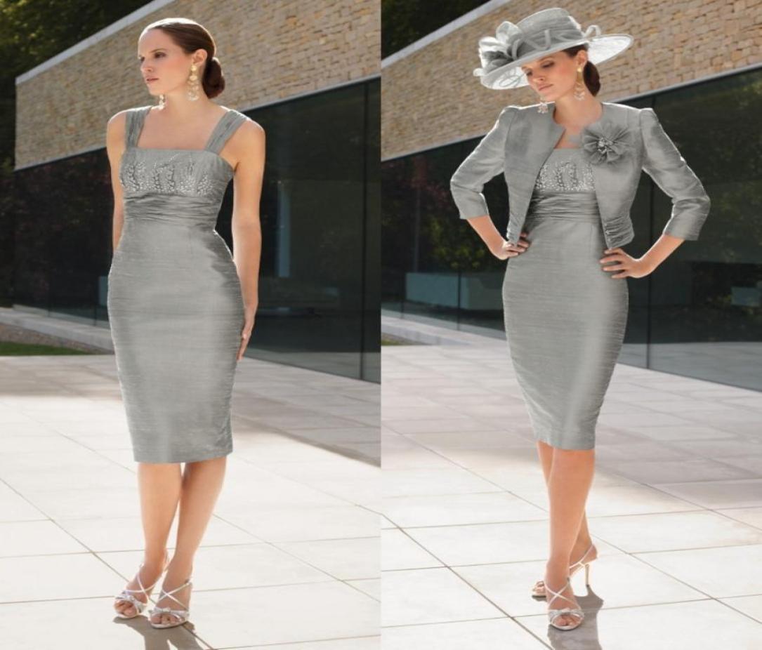 

Elegant Grey Mother Of The Bride Dresses With Jackets Uk Modest Knee Length Short 2 Pieces Groom Mom Formal Dresses Without Hat 206553632