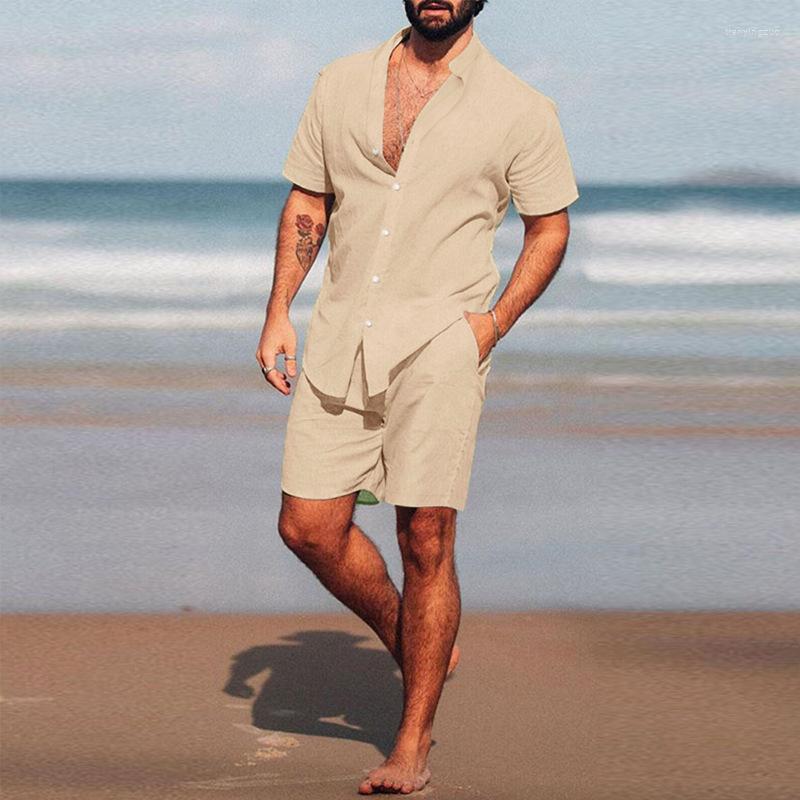 

Men' Tracksuits Men Two Piece Set Summer Mens Solid Color Short Sleeve Shirt And Shorts Suit Cotton Casual Outfit Beach Or Street Wear, Pink