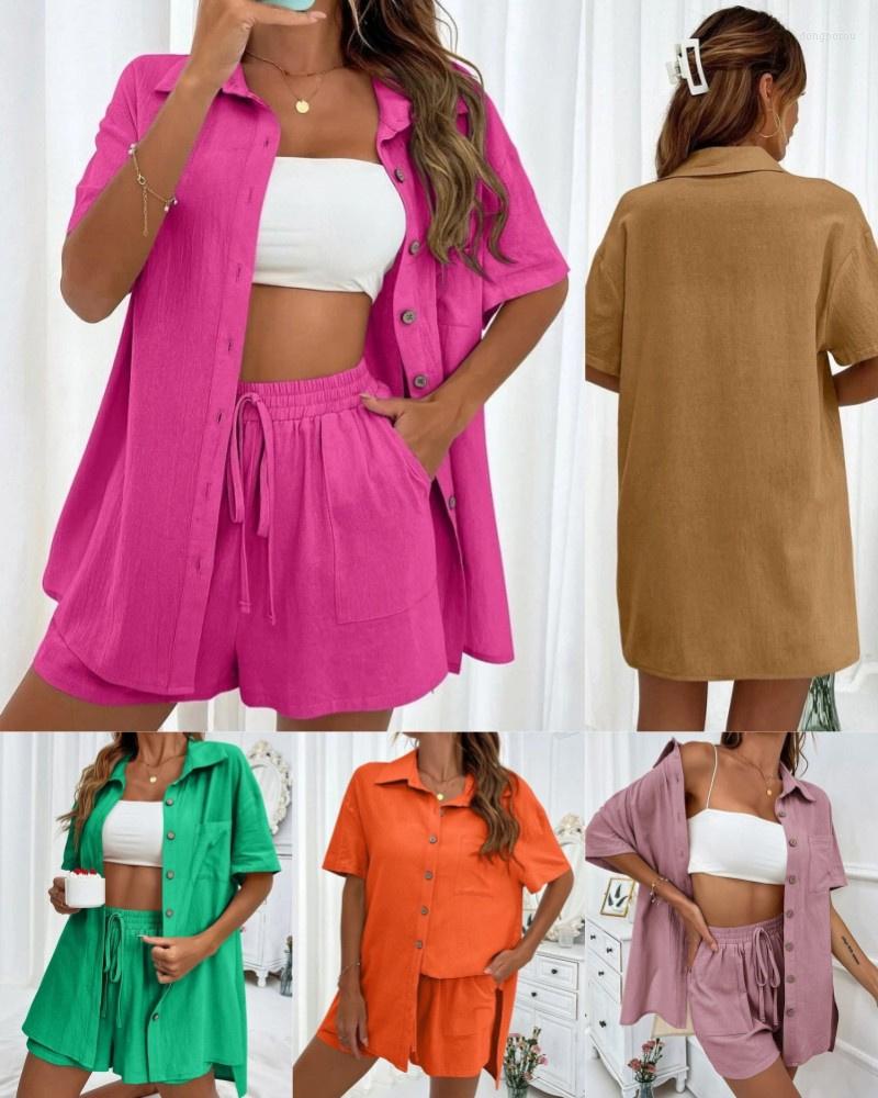 

Women's Tracksuits 2023 Summer Cotton Two-piece Suit Women Thin Casual Sets Short-sleeve Shirt Top Blouses Elastic-waist Short Pants 2-piece, Rose red