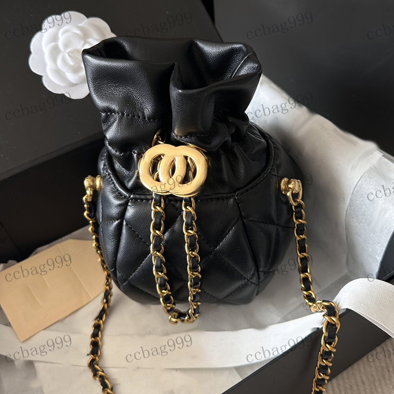 

Designer Womens Bucket Bag Vase Bag Leather Diamond Hardware Metal Adjustable Buckle Matelasse Chain Crossbody Bags Handbag Makeup Case Key Bags 18x20cm, Black