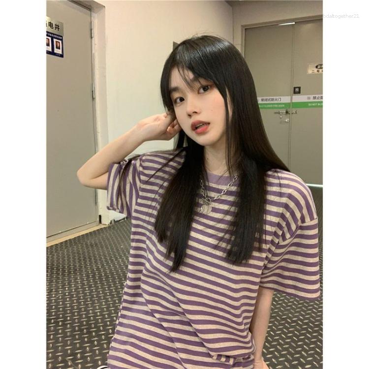 

Women' T Shirts Y2k Aesthetic Korean Fashion T-shirts Loose Vintage All Match Casual Striped Tops Women Sweet Preppy Short Sleeve Harajuku, Purple