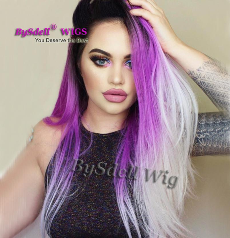 

High Similation human hair Heat Resistant Hair Black Teal Pastel Purple White Color Lace Front Wig Long straight front lace full W2772387