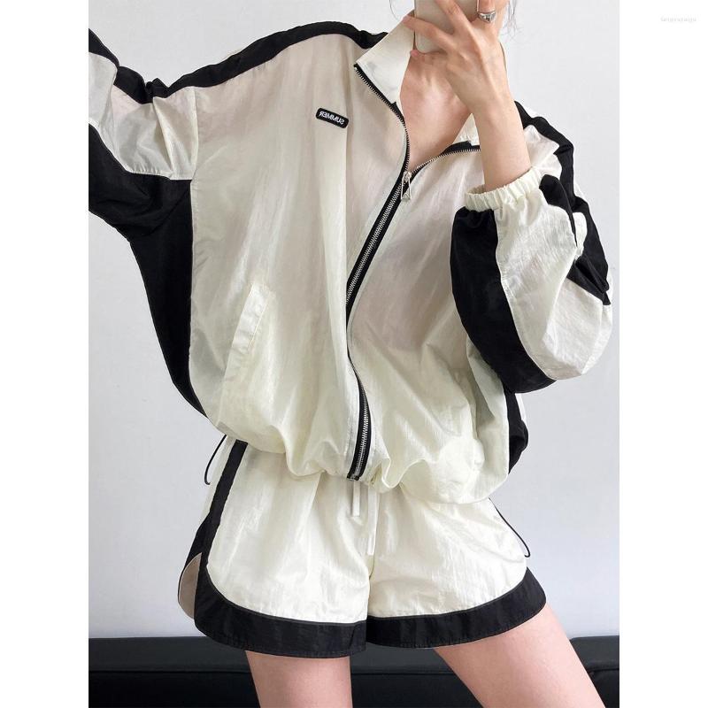 

Women's Tracksuits Sports Two Piece Short Suit Women Patchwork Sun Protection Jacket Top Zipper 2023 Summer Elastic Waist Shorts Sport, Black