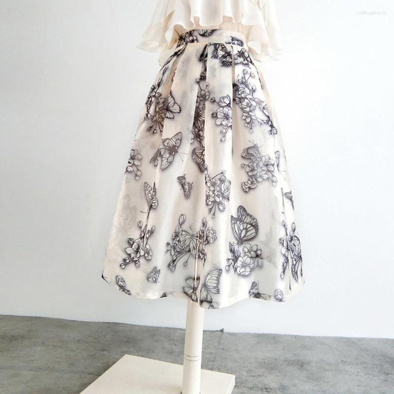 

Skirts Summer Thin High Waist Floral Butterfly Print Organza A-Line Midi Women With Lining Zipper Medium-Length Ladies Clothes, Picture shown