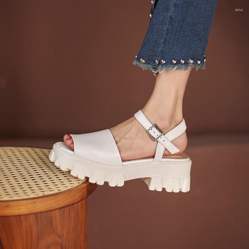 

Sandals 2023 Summer Women Peep Toe Thick Heel Shoes Casual Cow Leather Solid Platform Sandal Wedges Sandalias, Beige