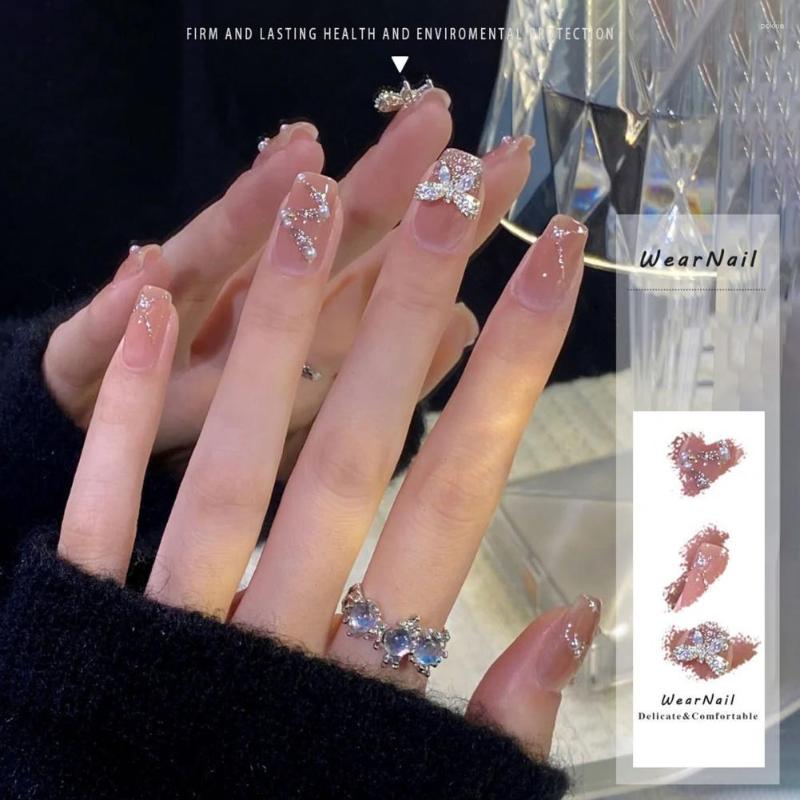 

False Nails 1 Set Beautiful Japanese Style Short Bow Fake Pearl Faux Nail Artificial With Glue Decoration, Nude pink