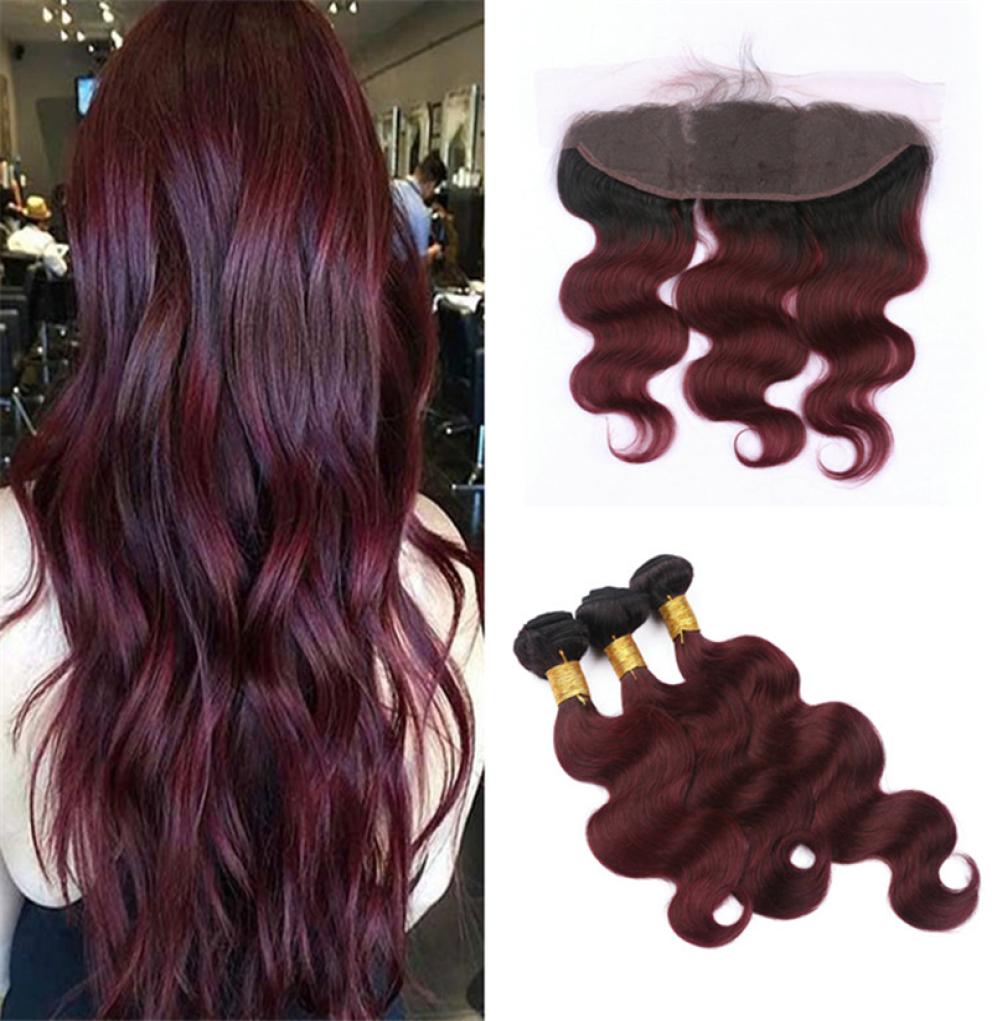 

Two Tone 1B 99J Body Wave Hair Weaves With Lace Frontal Ear To Ear Closure With Bundles 1B Burgundy Ombre Hair With Frontal7811760, Ombre color