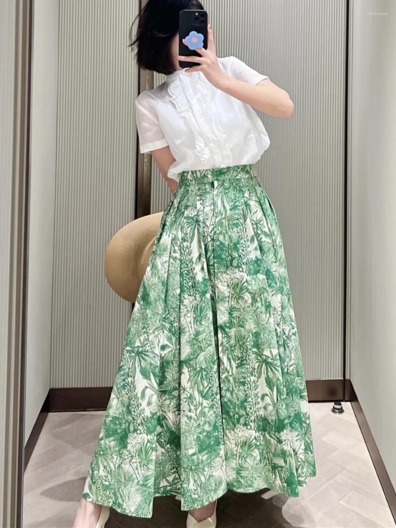 

Skirts Cotton Green Print Skirt For Women High Waist 2023 Summer Female Side Slit Midi Jupe With Pockets