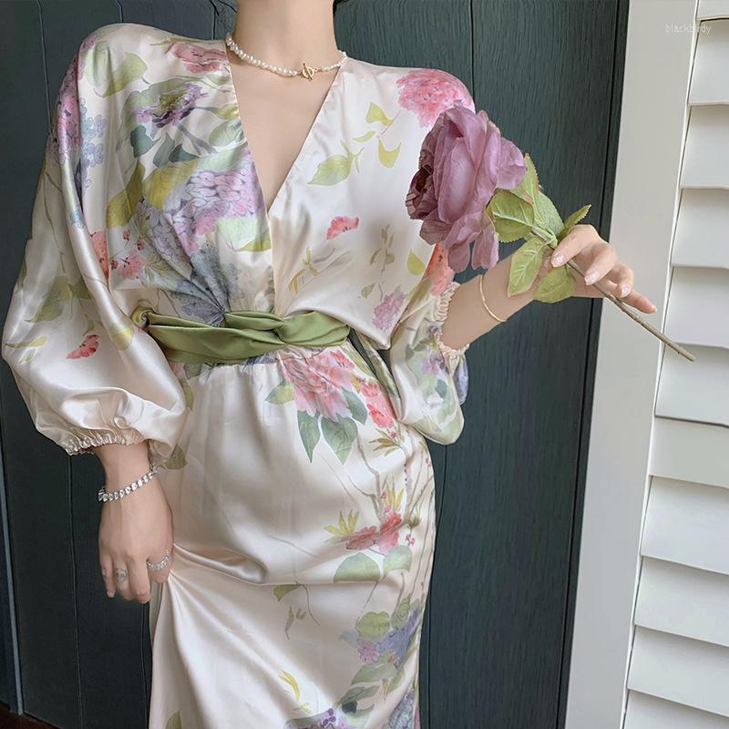 

Casual Dresses Satin V Neck Floral Print Retro Women Dress Elegant Loose Sashed Long Sleeve Maxi Summer Party Beach Vestidos, Flower dress