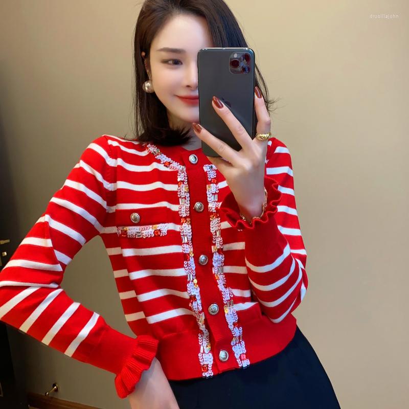 

Women' Knits Stripped Red Cardigan With Beaded Women High Fashion Knitted 2023 Spring Sweater Coat O-neck Mujer Cropped Tops